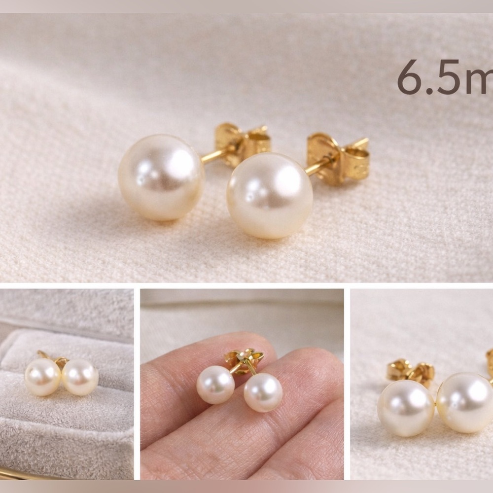 NWT 14K Gold Genuine Pearl Stud Earrings 6.5 mm Classic Bridal